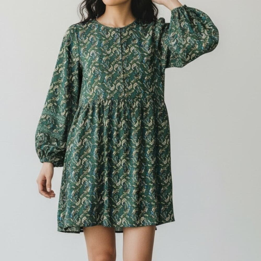 Zara Oversized Paisley Print Babydoll Long Puff Sleeve Mini Dress Lined XS Green